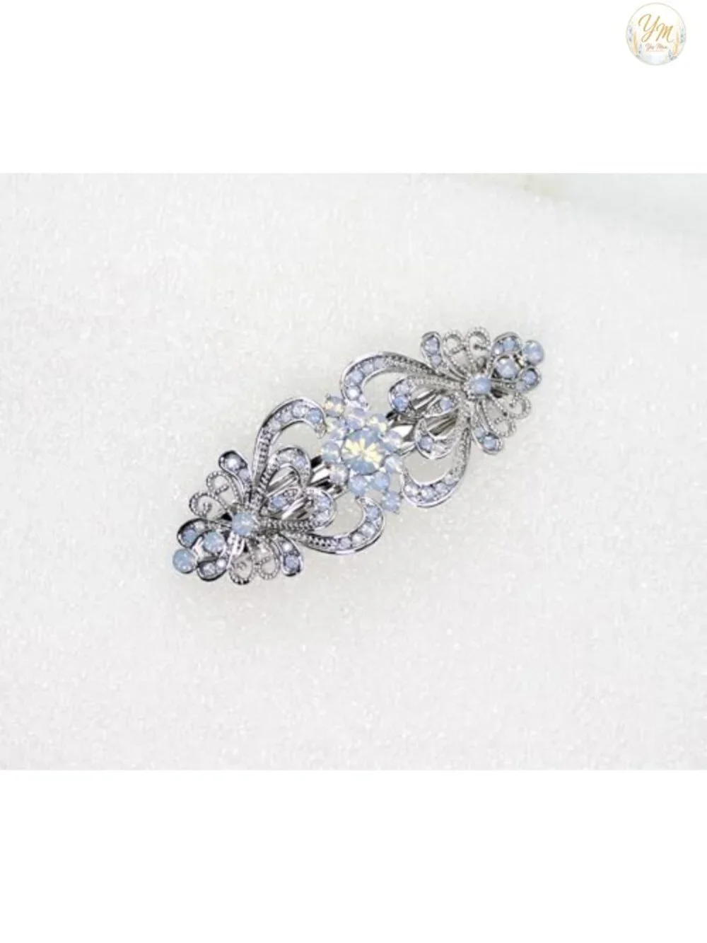 Crystal Floral Hair Barrette Hair Jewelry Clip Platinum Plated